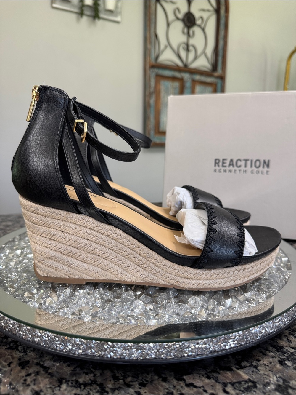 Kenneth Cole Reaction Colton Black Espadrille Wedge Sandals with ankle strap NEW